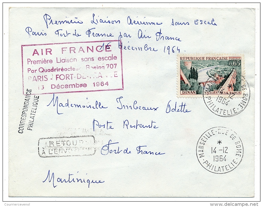 Enveloppe - Premier Vol AIR FRANCE Sans Escale Boeing 707 - PARIS FORT DE FRANCE - 13 Décembre 1964 - Premiers Vols