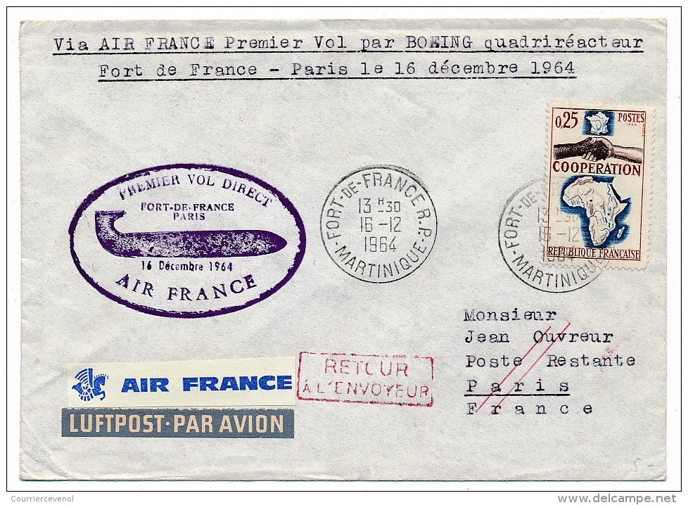 Enveloppe - Premier Vol Direct AIR FRANCE  Boeing 707 - FORT DE FRANCE PARIS  - 16 Décembre 1964 - Erst- U. Sonderflugbriefe