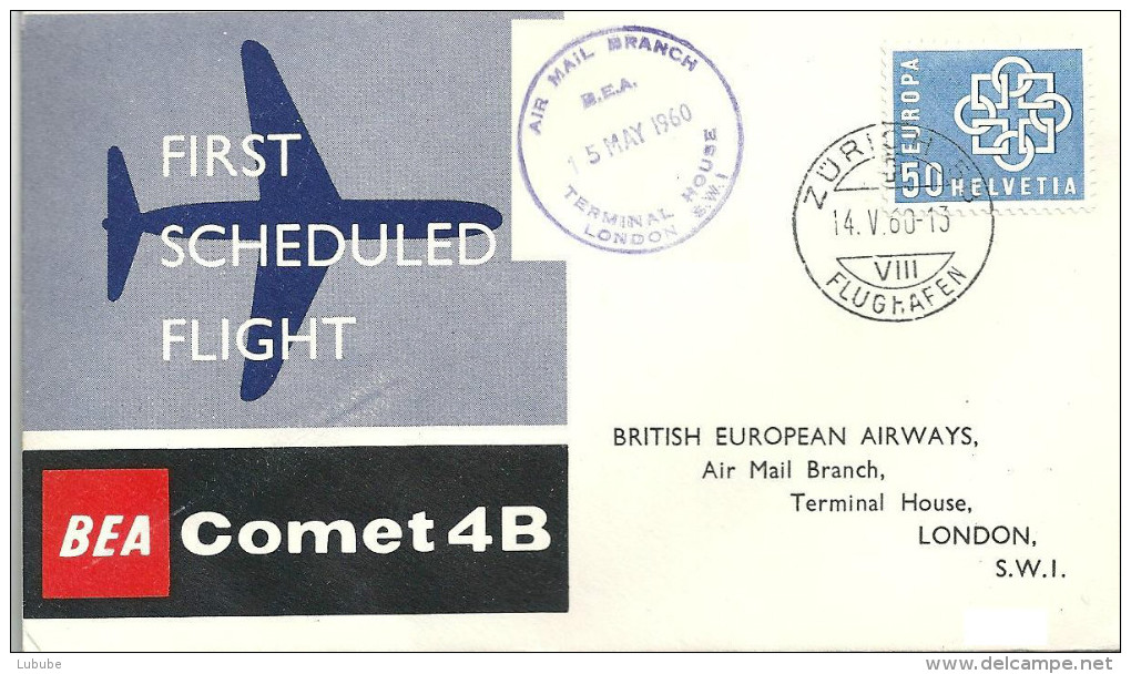 Luftpost  "First Scheduled Flight BEA Comet 4B Zürich - London"              1960 - Primi Voli