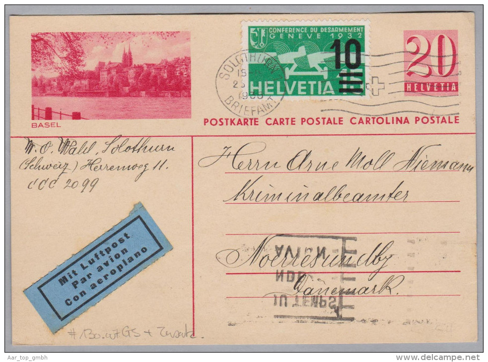 Schweiz GS Bildpostkarte #141.007 Basel 1936-03-25 Solothurn Als Luftpost Mit Zusatzfrankatur Nach Dänemark - Interi Postali