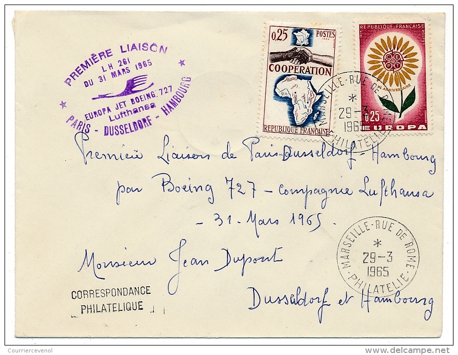 Enveloppe - Premier Vol LUFTHANSA Boeing 727 - PARIS =>DUSSELDORF => HAMBOURG - 31 Mars 1965 - Primi Voli