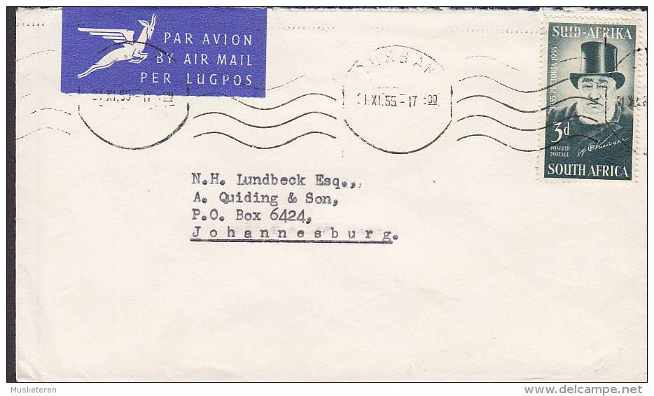 South Africa "Pegasus" Airmail Lugpos Par Avion Label Durban 1955 Cover Brief Pretoria Jubille Stamp - Luchtpost