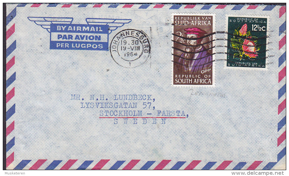 South Africa Airmail Lugpos Par Avion A. QUINDING & Son, JOHANNESBURG 1964 Cover Brief 12½ C. Stamp & Calvin Calvyn - Lettres & Documents