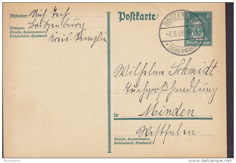 Germany Deutsches Reich Postal Stationery Ganzsache Beethoven BOITZENBURG Uchermarkt 1928 To MINDEN (2 Scans) - Tarjetas