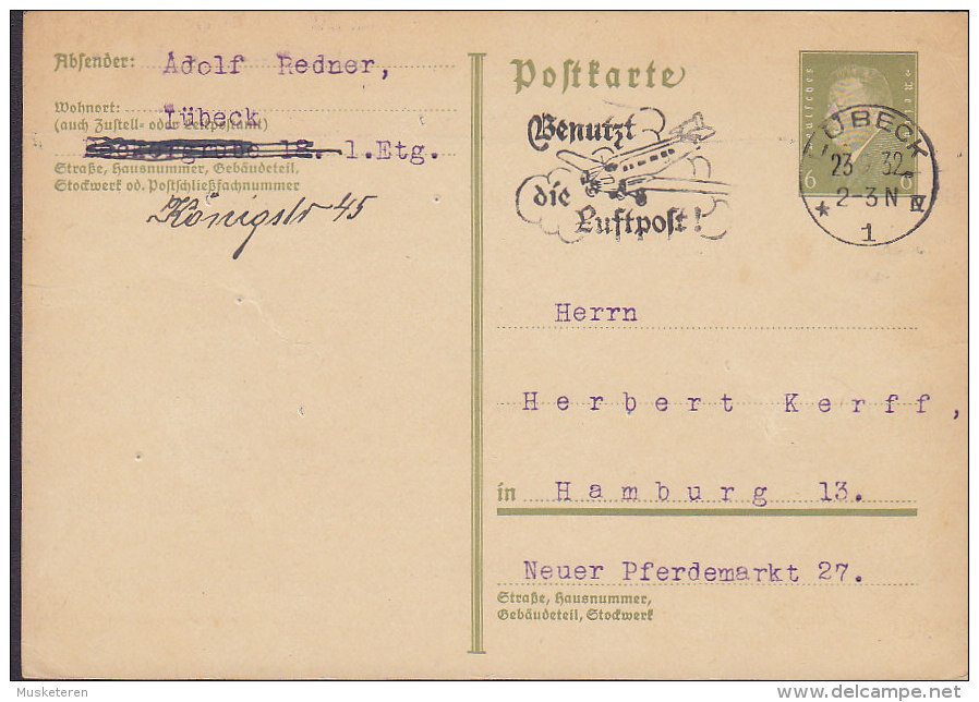 Germany Deutsches Reich Postal Stationery Ganzsache Ebert "Benutz Die Luftpost" Slogan LÜBECK 1932 To HAMBURG (2 Scans) - Postcards