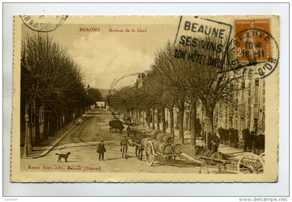 21 BEAUNE Attelage Transport Barriques Vin Avenue De La Gare 1928 Timb       /D11-2014 - Beaune
