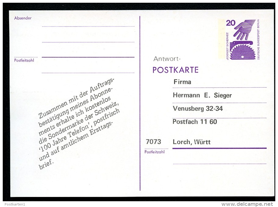 BERLIN P94 ZB 3 Postkarte ZUDRUCK SIEGER 100 J. Telefon ** 1977 - Privé Postkaarten - Ongebruikt