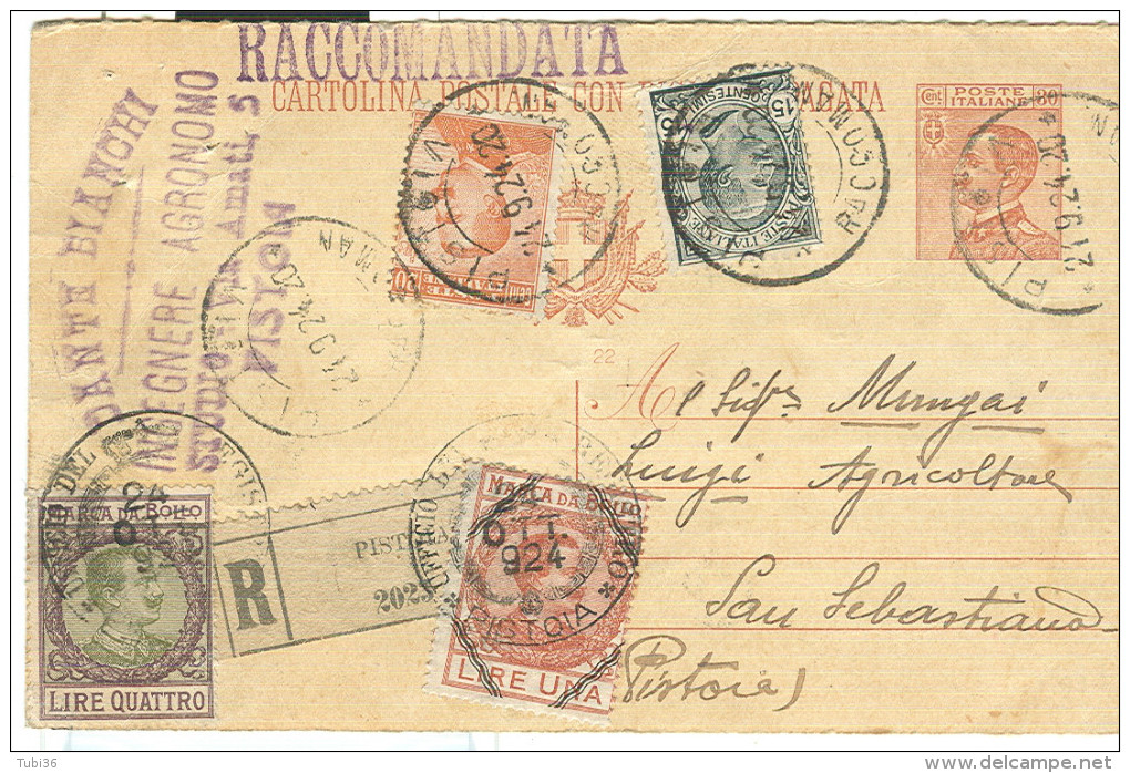 C.P. MICHETTI Cent.30+20, Mill.22, +LEONI Cent.15, IN TARIFFA C.P.DISTRETTO RACCOMANDATA,1924, MARCHE BOLLO  £.5,PISTOIA - Poststempel