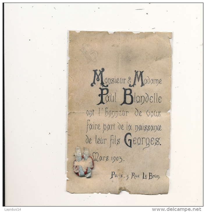 / FAIRE PART DE NAISSANCE ANCIEN  3 MARS 1903  (PARCHEMIN) 17 Cm X 11 Cm - Birth & Baptism