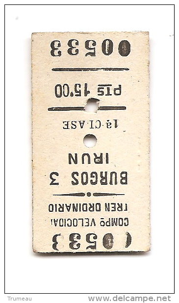 TICKET CHEMIN DE FER BURGOS IRUN DU 16 AOUT 1956 - Europa