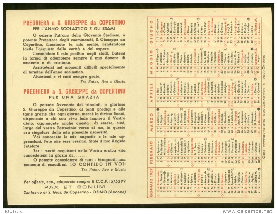 SANTINO CALENDARIETTO DEL 1957 - S.GIUSEPPE DA COPERTINO  PROTETTORE ESAMINANDI - OSIMO - Formato Piccolo : 1941-60