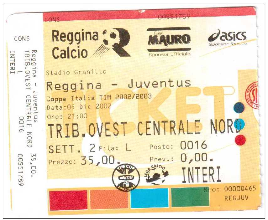 BIGLIETTO CALCIO TICKET FOOTBALL ITALIAN LEAGUE SERIE A REGGINA JUVENTUS 2002-03 - Biglietti D'ingresso