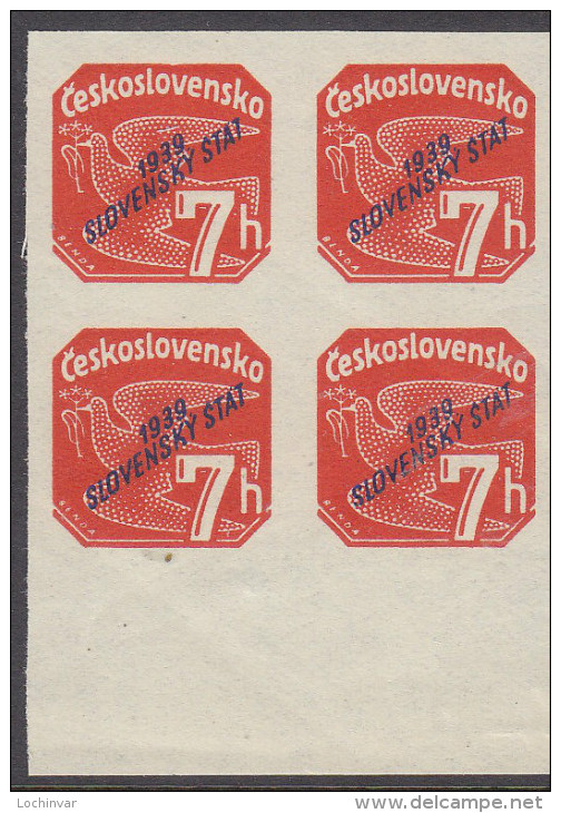 SLOVAKIA, 1939 ORANGE 7h O/P  BLOCK 4 - Unused Stamps