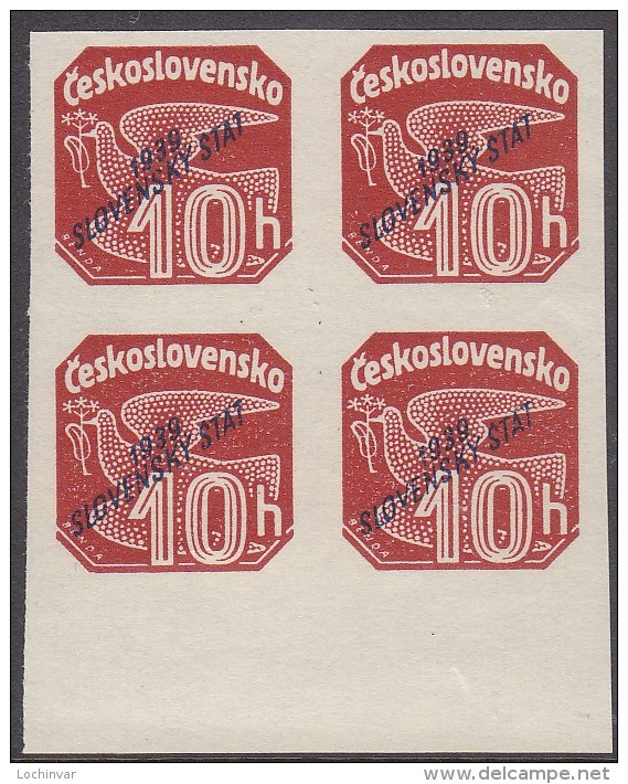 SLOVAKIA, 1939 LAKE 10h O/P  BLOCK 4 - Unused Stamps