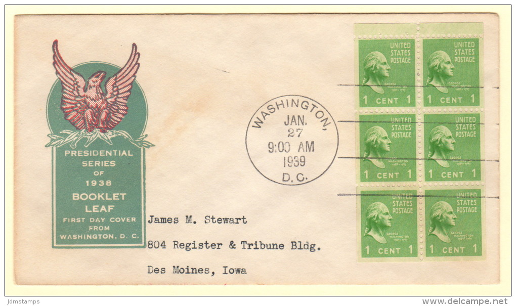 USA SC #804b FDC  1939 Prexy / 1c Washington Bklt Pane/6 (01-27-1939) - 1851-1940