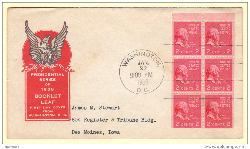 USA SC #806b FDC  1939 Prexy / 2c J. Adams Bklt Pane/6 (01-27-1939) - 1851-1940