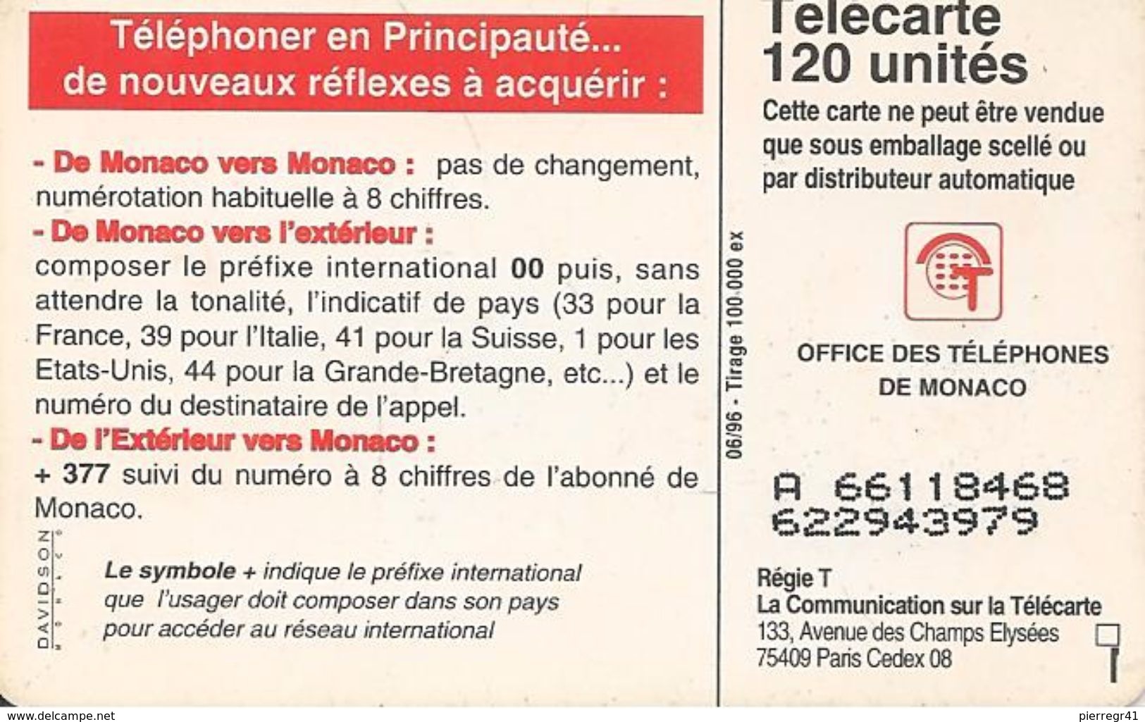 2-CARTES-PUBLIC-MONACO-120U-MF42/42a-SO3-06/96-CHANGEMENT N°-JG Et JD-UTILISE-TBE - Monaco