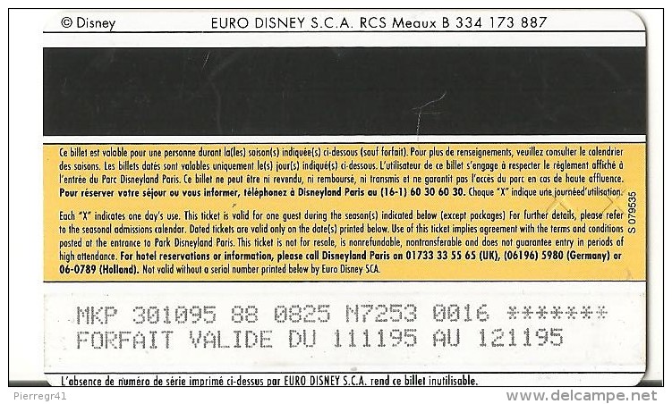 PASS--DISNEY-DISNEYLAND PARIS-1996-ROI LION ADULTE-Non Souligné-V° S079535-Vertical A Droite-TBE-RARE - Disney-Pässe