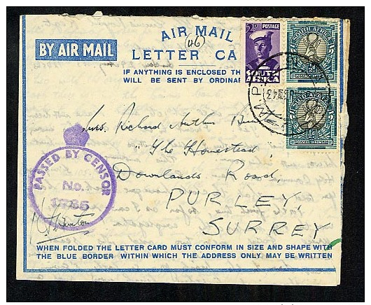 South Africa 1943 Air Mail Letter Card Aerogramme Censored  (W589) - Briefe U. Dokumente