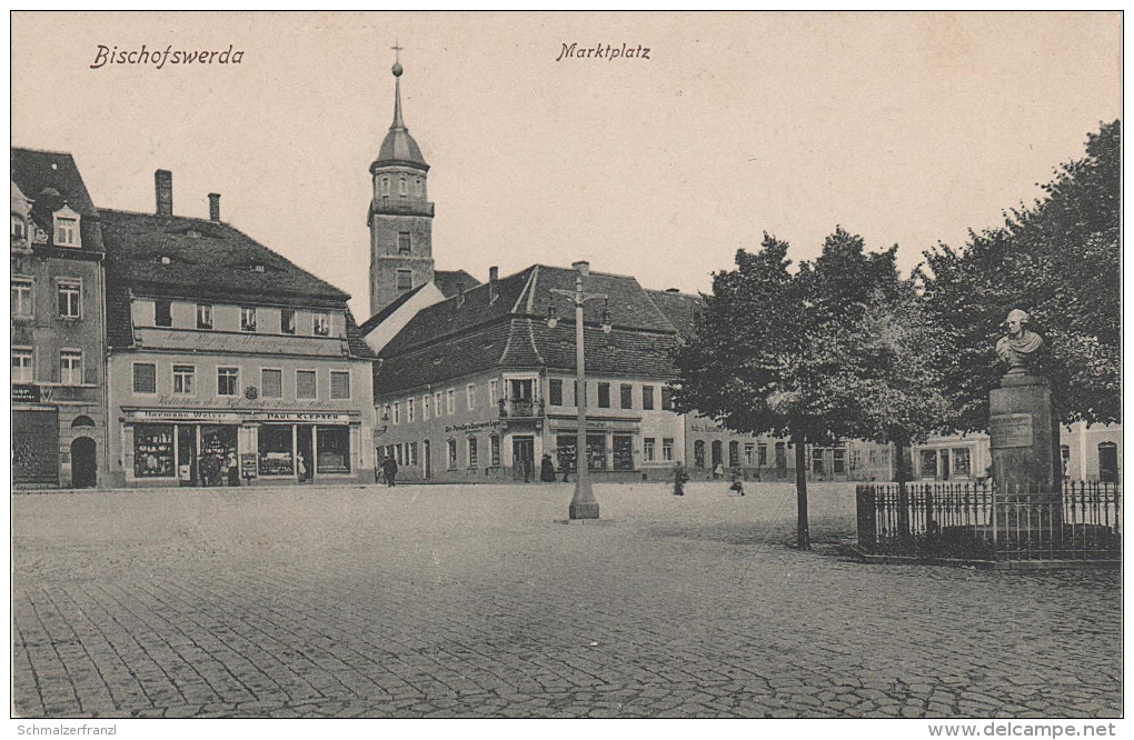 AK Markt Bischofswerda Denkmal Marktplatz Kirche Weinhandlung Klepsch Gasthaus ? Cafe ? Kurzwaren Feldpost - Bischofswerda