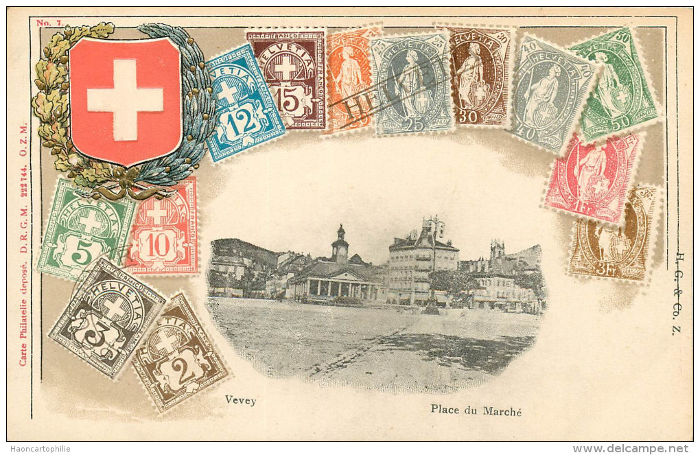 Vevey  : Place Du Marché  Carte Representant Des Timbres Poste Suisse - Sent