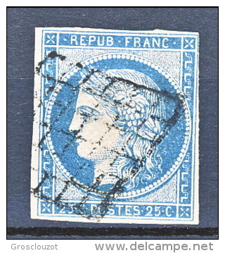 Francia 1850 Ceres N. 4 C. 25 Azzurro  Usato Annullo A Griglia Muto - 1849-1850 Ceres