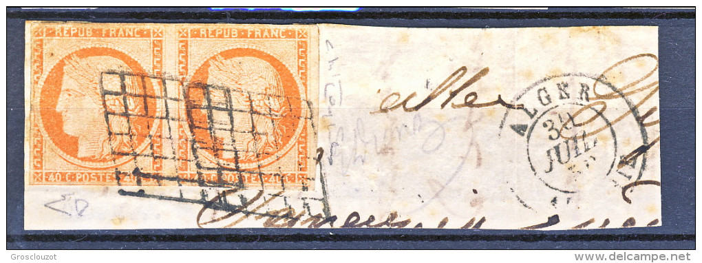 Francia 1850 Ceres N. 5 C. 40 Arancio  Rara Coppia Su Frammento Da Algeri, Annullo A Griglia, Firme Diena E Raybaudi - 1849-1850 Ceres