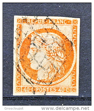 Francia 1850 Ceres N. 5A C. 40 Arancio  Vivo Con Importanti Margini, Freschissimo, Annullo A Griglia Muta, Firmato Biond - 1849-1850 Ceres