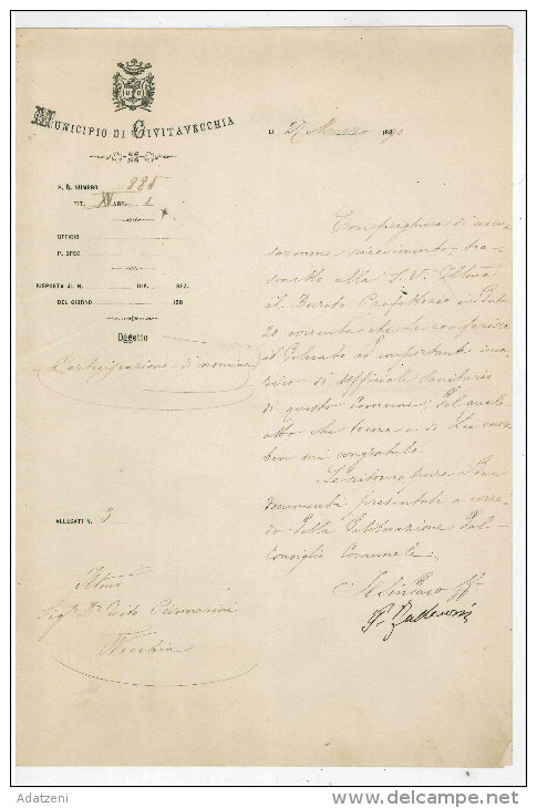 ART.BO – MUNICIPIO DI CIVITAVECCHIA P.G. NUMERO 885 TIT. XV ART. 1 DEL 27 MARZO 1890 OGGETTO: PARTECIPAZIONE DI NOMINA I - Decreti & Leggi