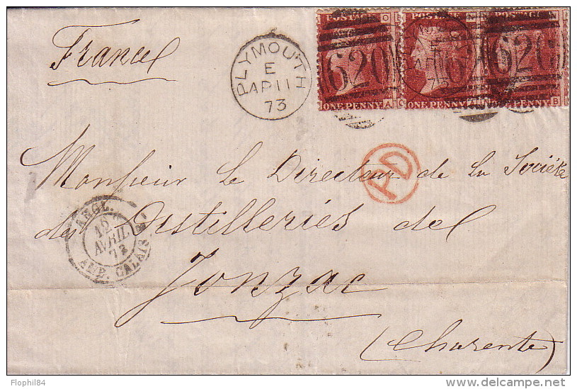 GRANDE BRETAGNE - PLYMOUTH - 11-4-1873 - AFFRANCHISSEMENT AVEC 3 X 1P ROUGE POUR LA FRANCE - Briefe U. Dokumente