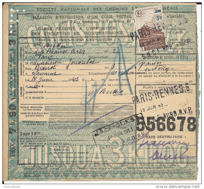 COLIS POSTAUX - 1943 - BULLETIN D'EXPEDITION De PARIS Pour SAUMUR - Cartas & Documentos