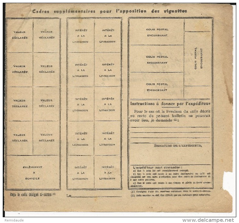 COLIS POSTAUX - 1943 - BULLETIN D'EXPEDITION De PARIS Pour BORDEAUX - Briefe U. Dokumente