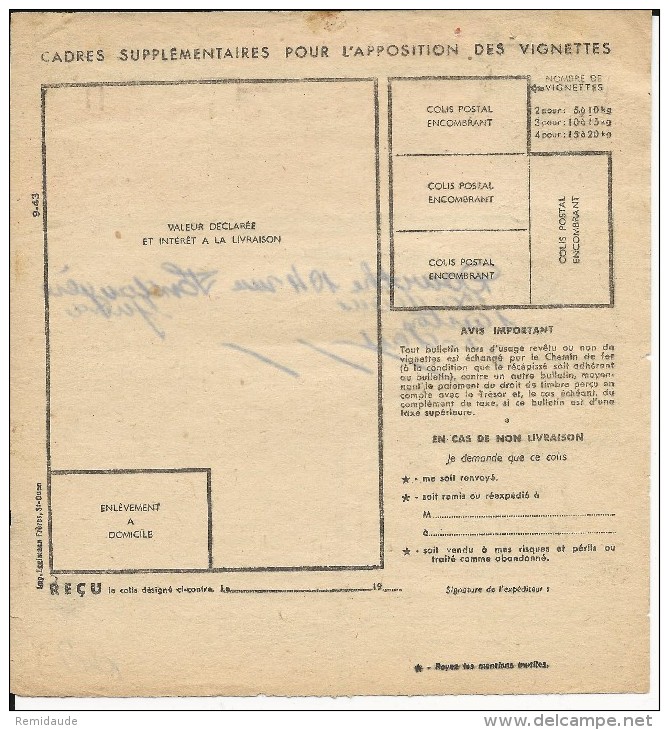 COLIS POSTAUX - 1943 - BULLETIN D'EXPEDITION De PARIS Pour BORDEAUX - Storia Postale