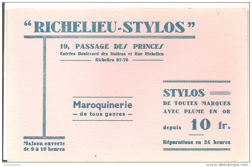 Buvard Richelieu-Stylos 19, Passages Des Princes Entrées Boulevard Des Italiens Maroquinerie De Tous Genres - Stationeries (flat Articles)