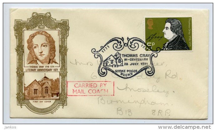 GB 1971 Commemorative Cover Carried By Mail Coach Thomas Grey (D069) - Briefe U. Dokumente