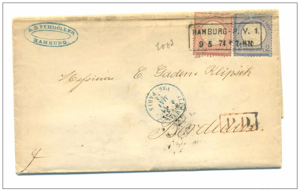 GERMANY 9.5.1874 LETTER FROM HAMBURG TO BORDEAUX 1G + 2G 1872 LARGE EAGLE ISSUE GERMANY-PARIS BLUE CANCEL - Briefe U. Dokumente