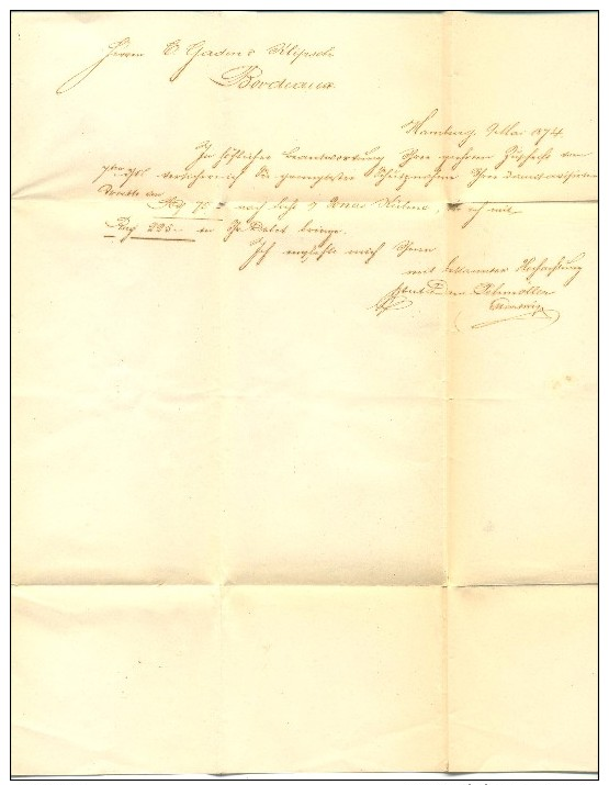 GERMANY 9.5.1874 LETTER FROM HAMBURG TO BORDEAUX 1G + 2G 1872 LARGE EAGLE ISSUE GERMANY-PARIS BLUE CANCEL - Briefe U. Dokumente