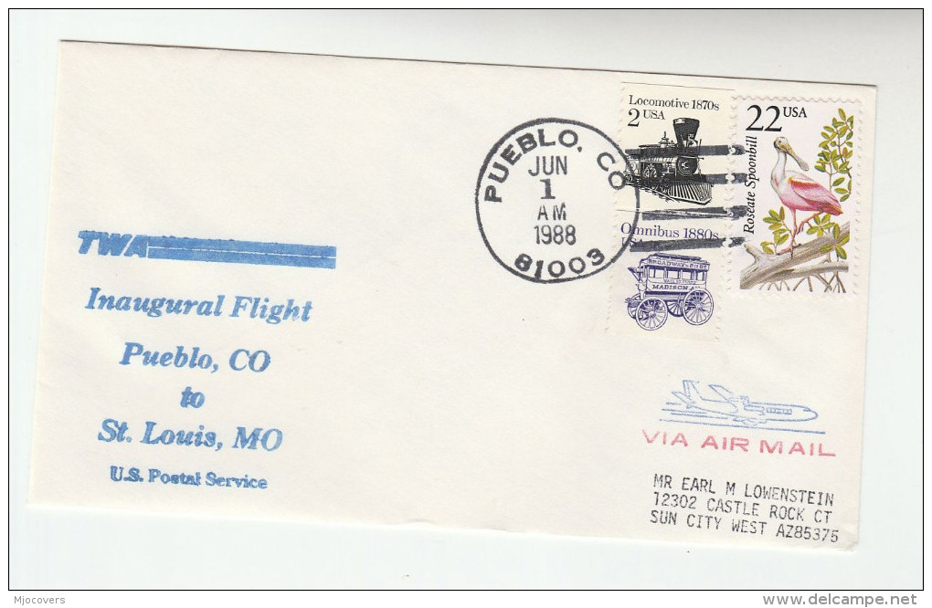 1988 USA FIRST FLIGHT COVER TWA PUEBLO To ST LOUIS Aviation SPOONBILL Bird Stamps Steam Train Railway Birds - Avions