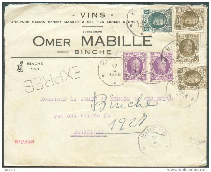 Affranchissement Tricolore HOUYOUX à 2Fr35 Obl. Télégraphique De BINCHE *** Sur Lettre(en Tête VINS O. Mabille - Veros P - 1922-1927 Houyoux