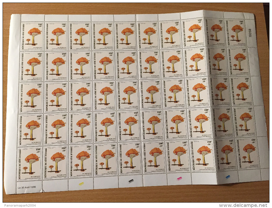 Côte D´Ivoire Ivory Coast 1998 Champignons Mushrooms Pilze Mi. A1194 180+20 F Surchargé Overprint Aufdruck Full Sheet - Ivory Coast (1960-...)