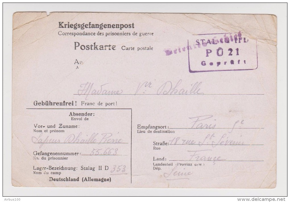 KRIEGSGEFANGENENPOST POSTKARTE 1939 1945 STALAG II D 353 PO 21 25 DÉCEMBRE 1940 VERS PARIS - 2 Scans - Guerre De 1939-45