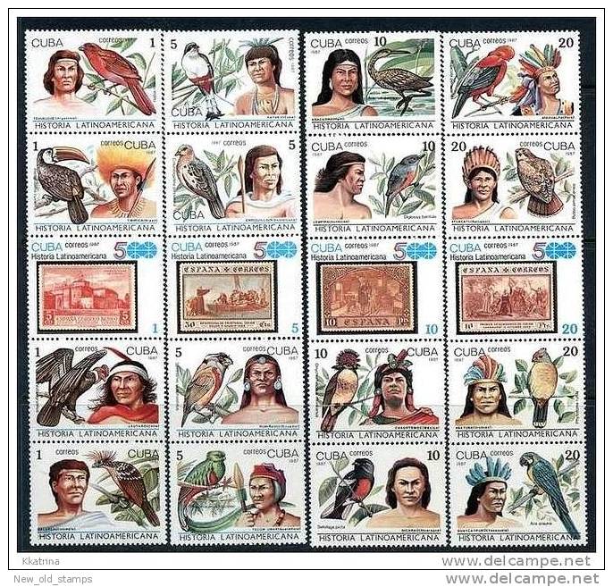 CUBA 1987 - BIRDS (20 STAMPS) MNH COLUMBUS, INDIANS, STAMPS ON STAMPS - Stamps On Stamps