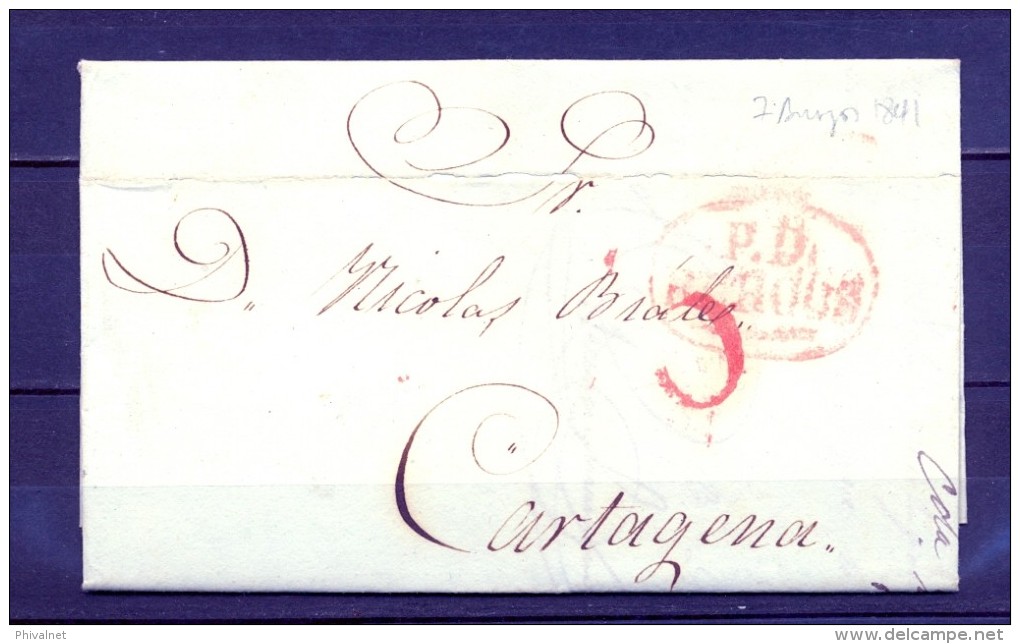 D.P. 7, 1841, BURGOS, CARTA CIRCULADA A CARTAGENA, MARCA PREF. Nº 15 " P.D. / BURGOS" EN ÓVALO - ...-1850 Vorphilatelie