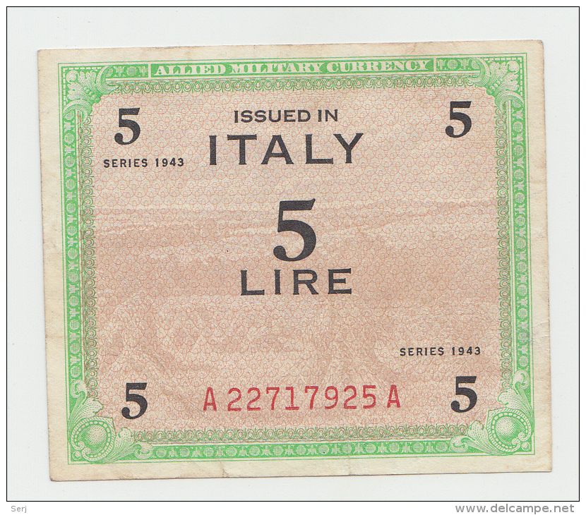 ITALY 5 LIRE 1943 VF ALLIED MILITARY PAYMENT WWII PICK M12b - Ocupación Aliados Segunda Guerra Mundial