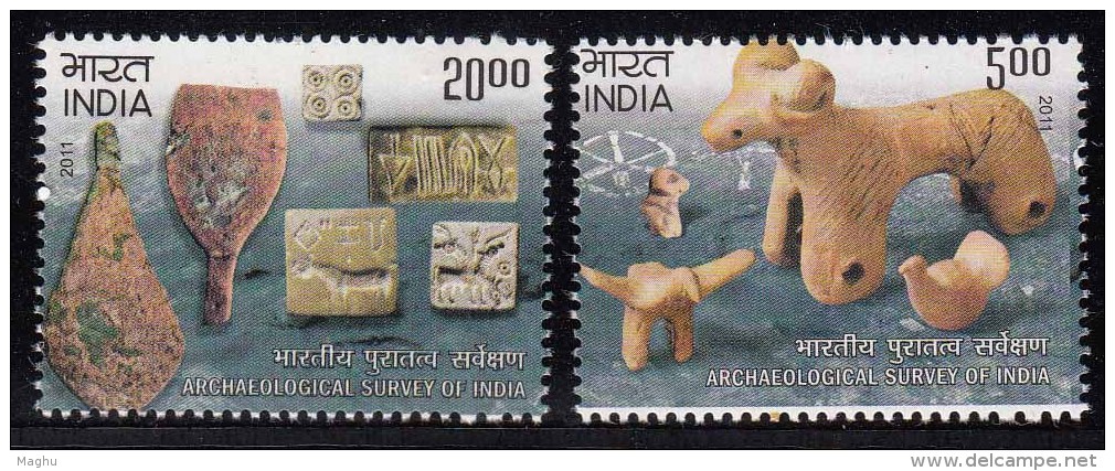 India MNH 2011, Set Of 2, Archaeological Survey Of India, Clay Model Animal, Seals, History, Archaeology, - Neufs