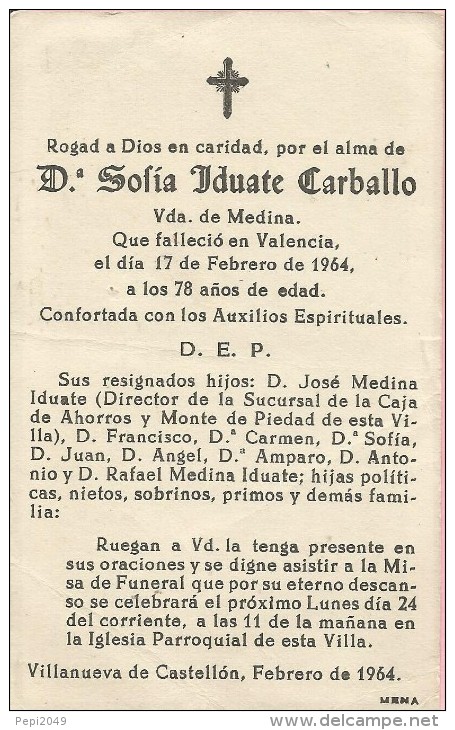 ES340 - RECORDATORIO DE DEFUNCION - VILLANUEVA DE CASTELLON 1964 - Otros & Sin Clasificación