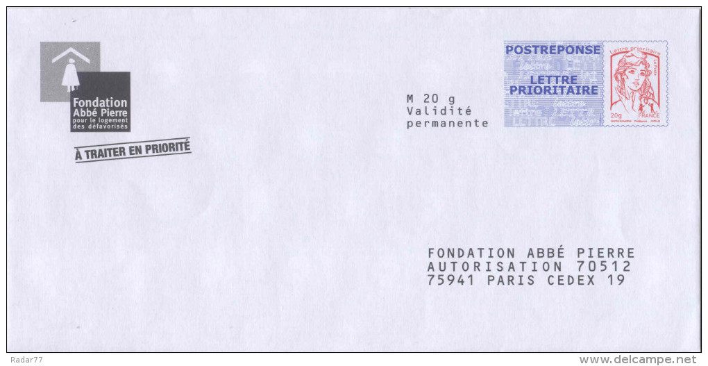 PAP POSTREPONSE LETTRE PRIORITAIRE Ciappa-Kavena Fondation Abbé Pierre - Verso 14P094 - Intérieur E11199011SSM - PAP : Antwoord /Ciappa-Kavena