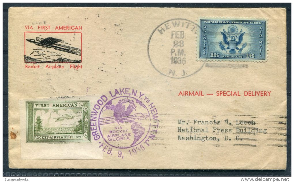 1936/1951 USA Greenwood Lake Gloria Rocket Mail Cover Hewitt New York / Jersey (duel Flight Cover) - 1c. 1918-1940 Covers