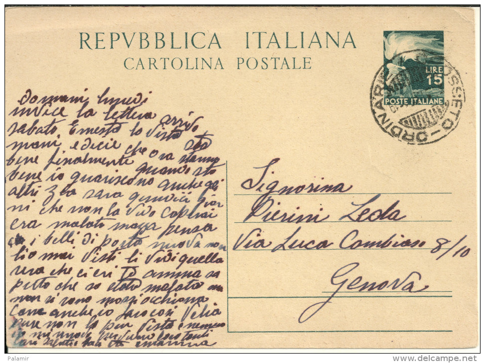 Italy 1948-49  Stationery Entier Postal Cartolina Postale 15 L. - Interi Postali