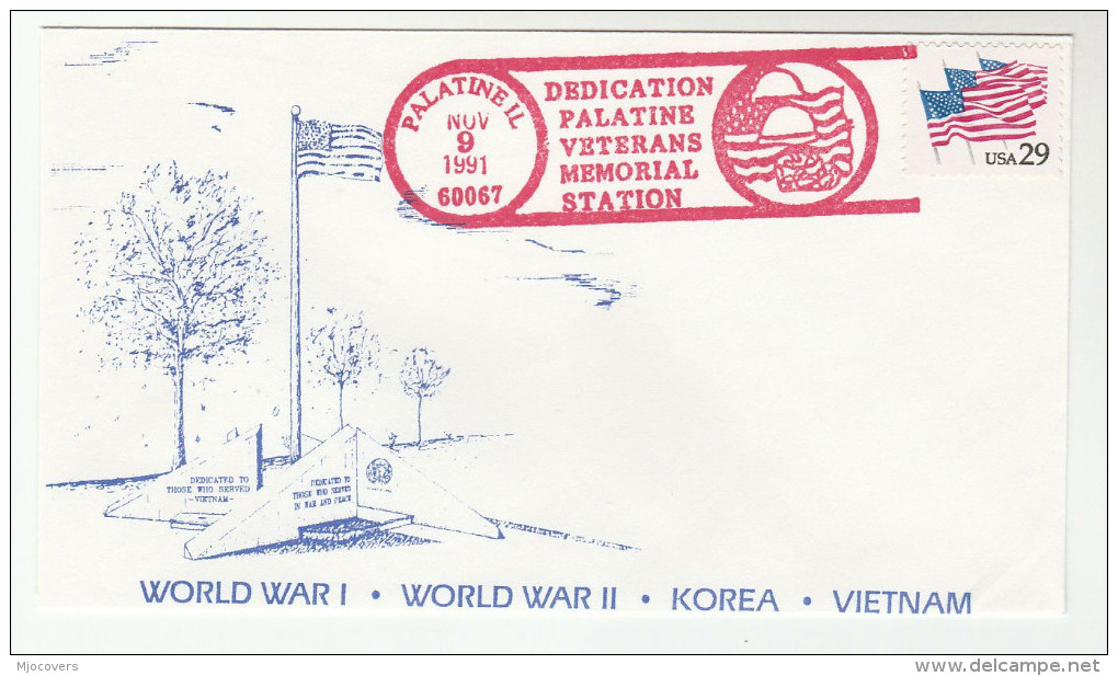 1991 PALATINE Illinois VETERANS MEMORIAL DEDICATION COVER  'WWI WWII KOREA VIETNAM WAR  ' USA Flag Stamps - WW1